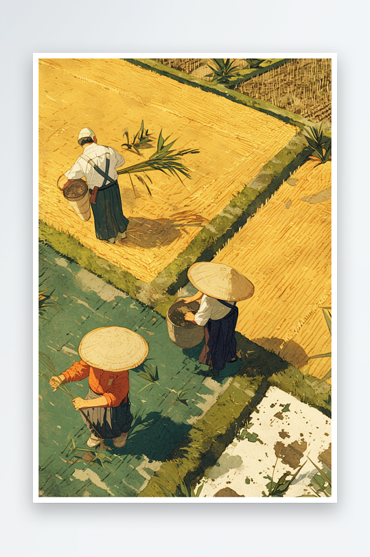 AI80年代复古农民插秧春耕农忙种田插画-众图网