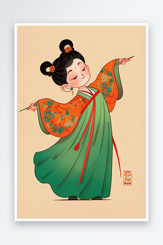 AI横笛唐朝可爱古代唐宫夜宴插画-众图网