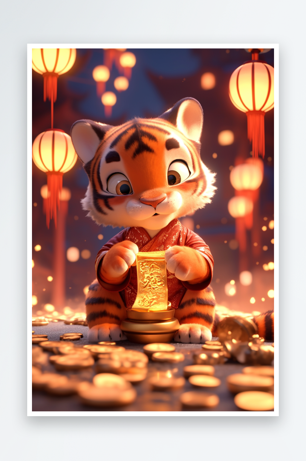 AI新年十二生肖金币发财虎年插画素材