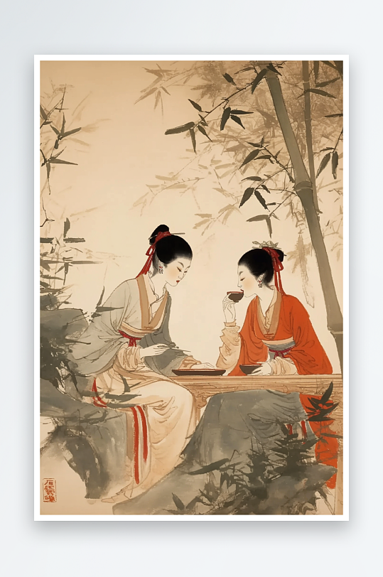 AI下午茶古风古代人喝茶中国画古代仕女图三八妇女节插画-众图网