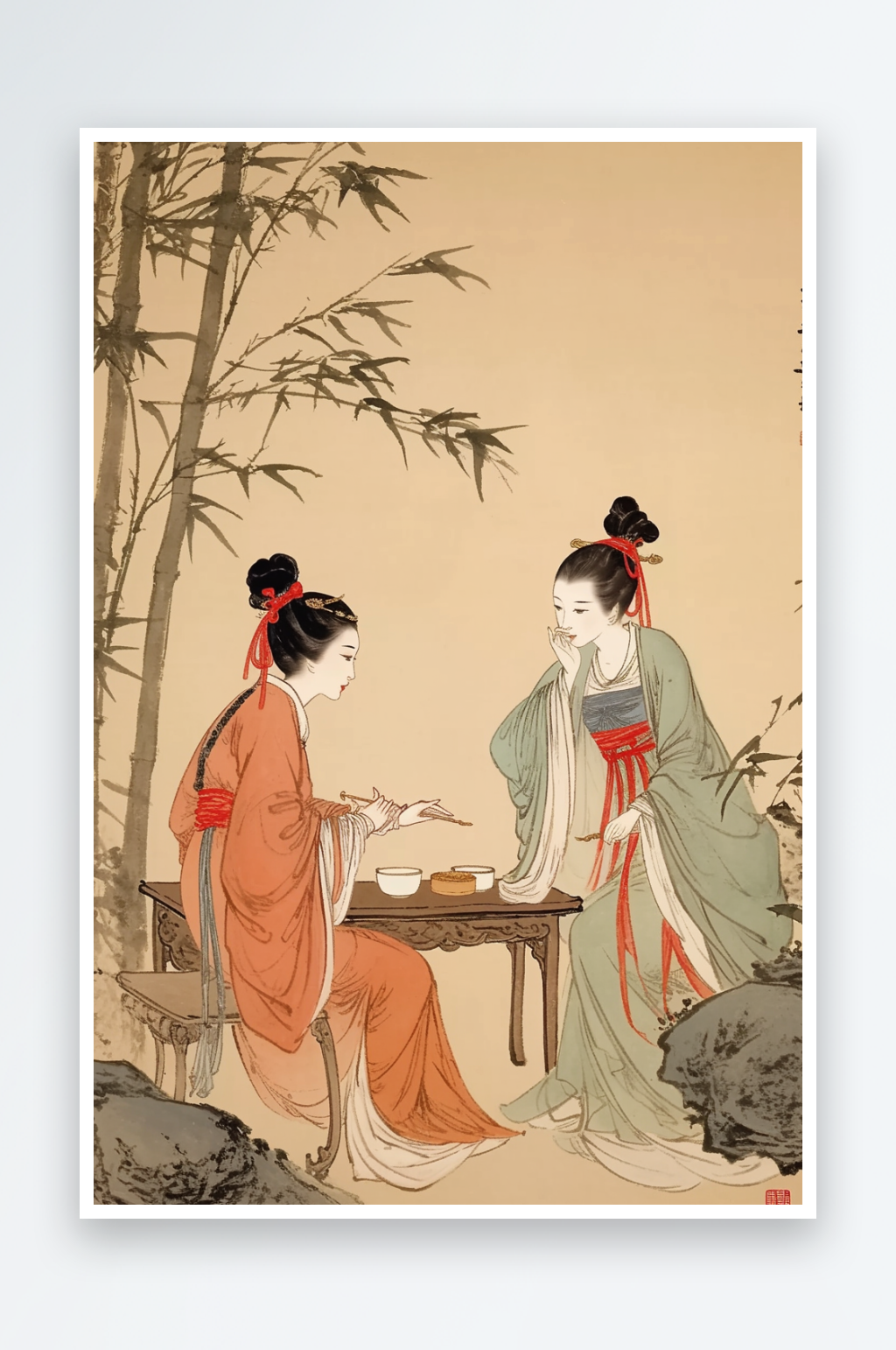 AI仕女下午茶古风古代人喝茶中国画古代仕女图插画素材