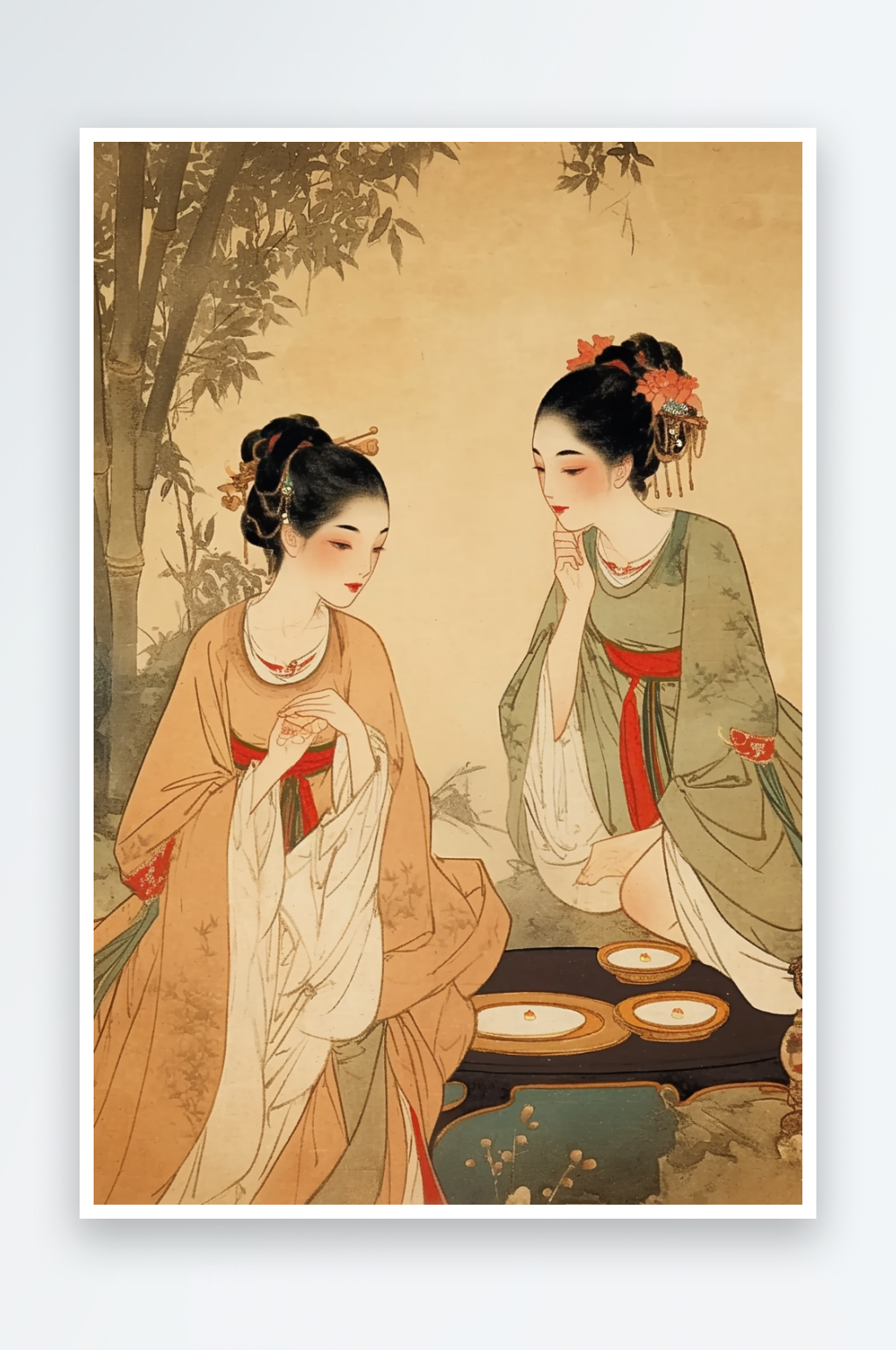 AI仕女下午茶古风中国画古代仕女图插画素材