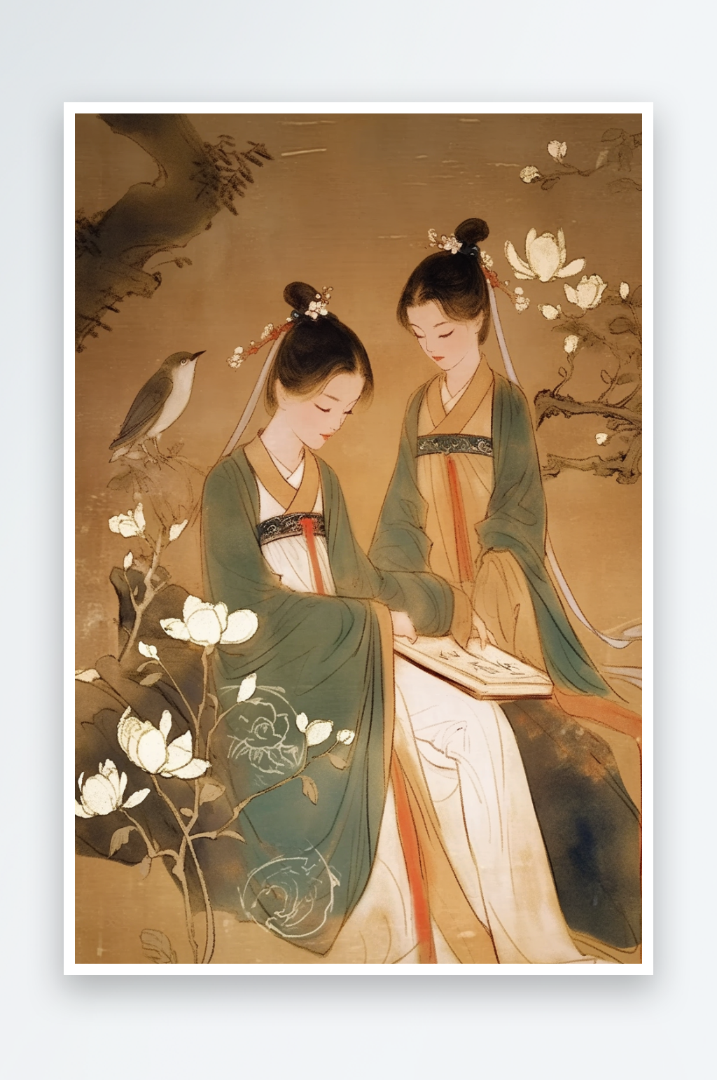 AI仕女下午茶古风中国画古代仕女图插画素材