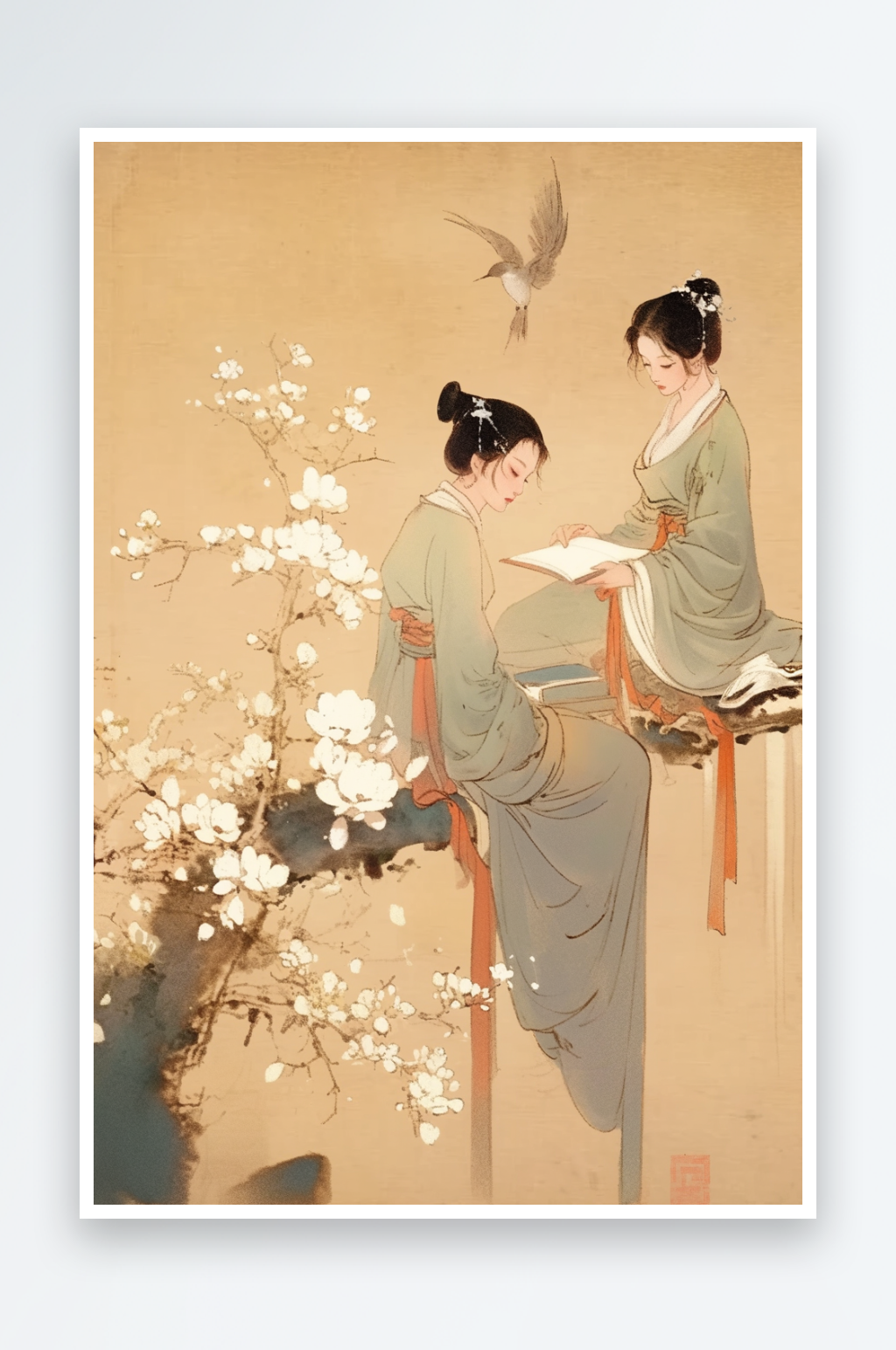 AI梅花古风中国画古代仕女图插画素材