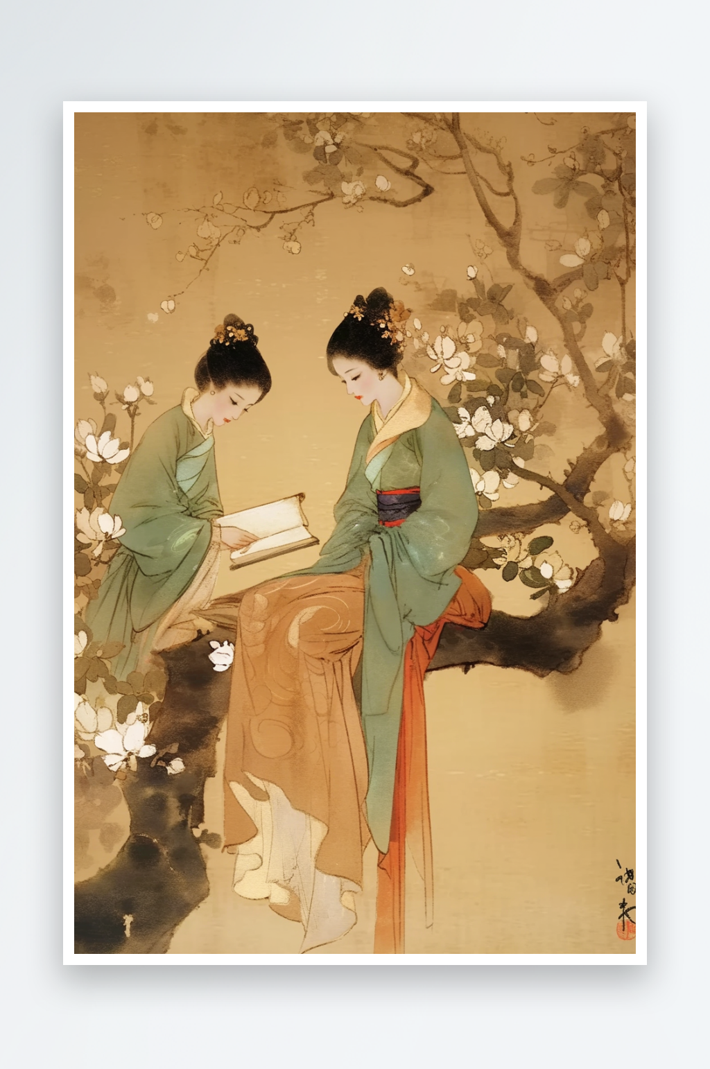 AI梅花古风中国画古代仕女图插画素材