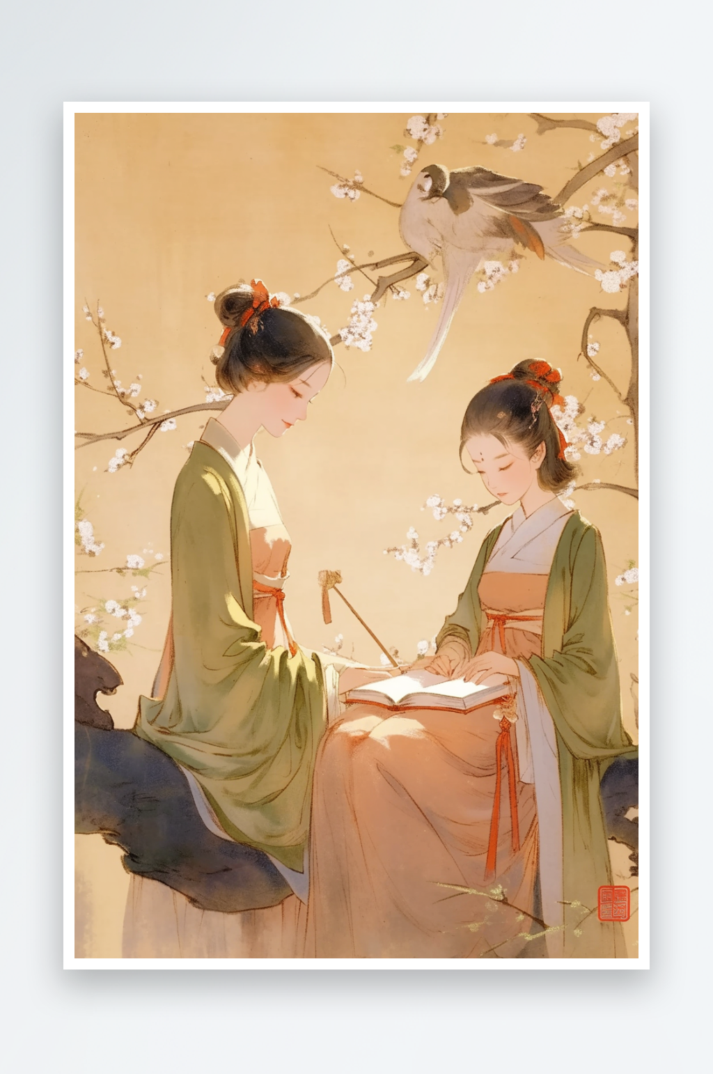 AI梅花古风中国画古代仕女图三八妇女节插画素材
