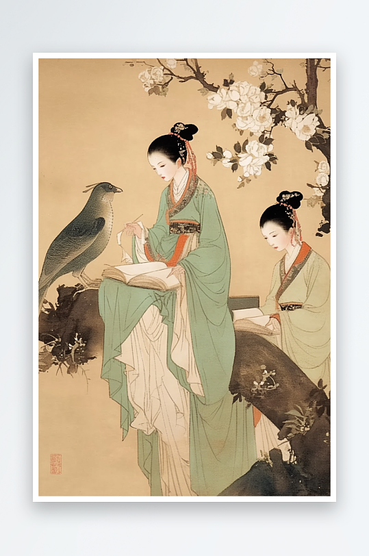 AI梅花古风中国画古代仕女图插画-众图网