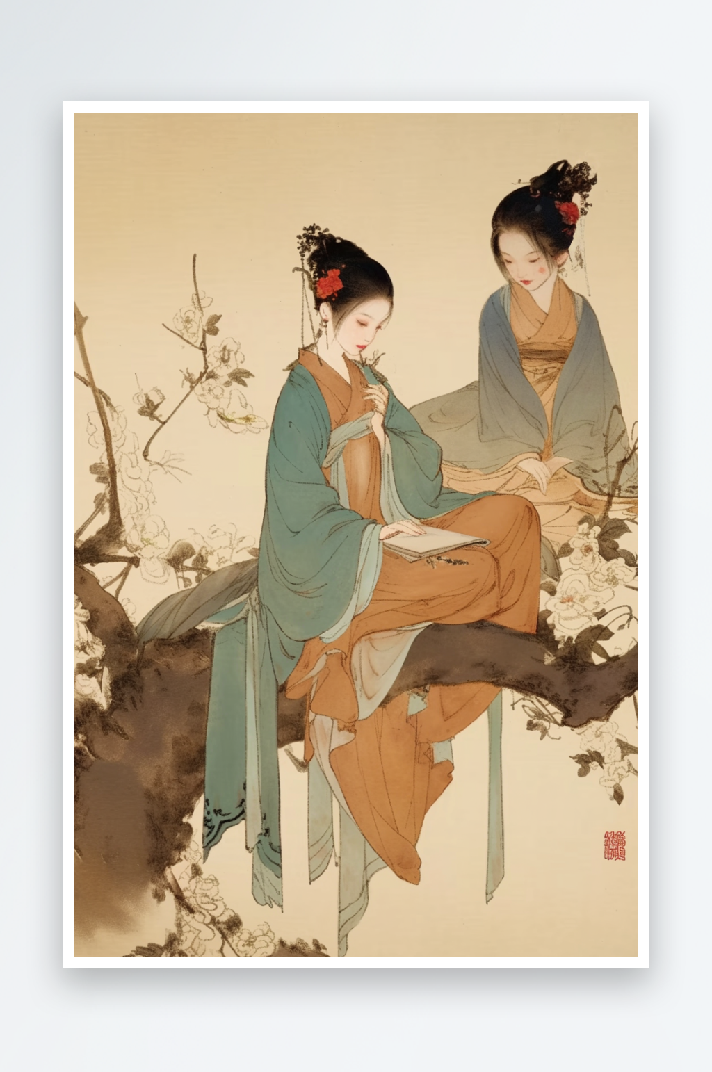 AI梅花古风中国画古代仕女图三八妇女节插画素材