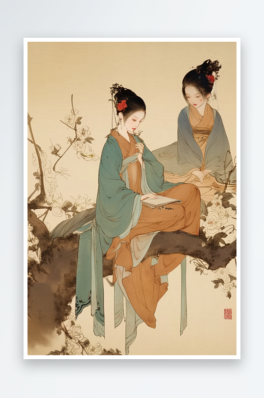 AI梅花古风中国画古代仕女图三八妇女节插画-众图网