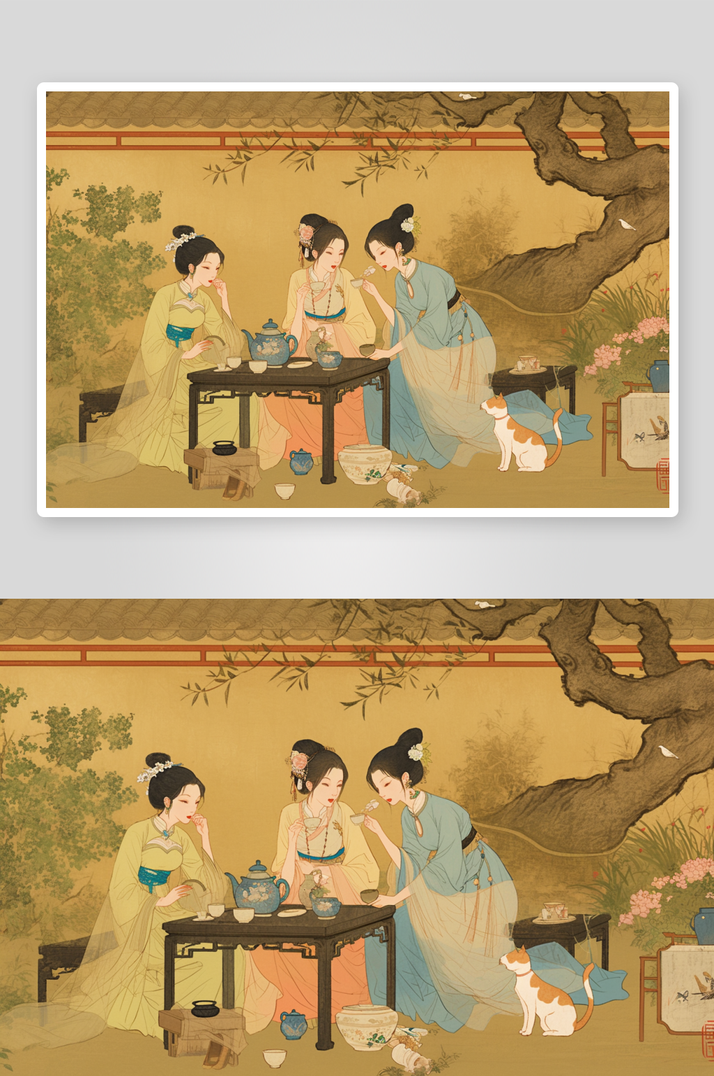 AI牡丹花古风中国画古代仕女图插画素材