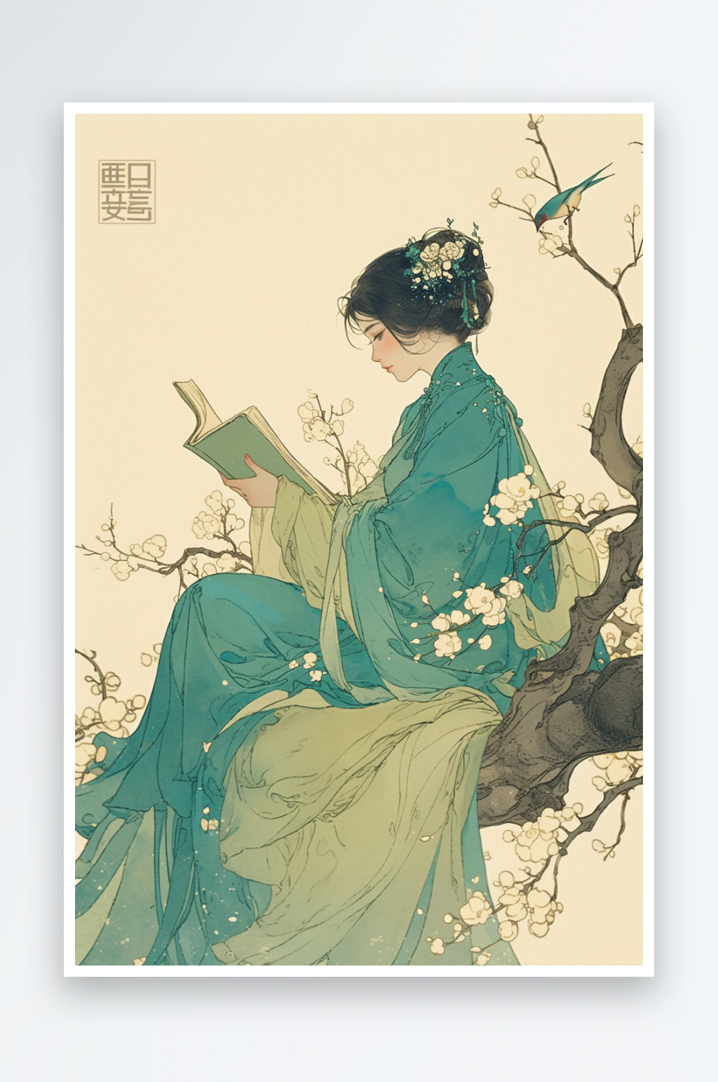 AI牡丹花古风中国画古代仕女图三八妇女节插画素材