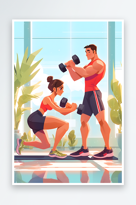 AI数字艺术卡通健身房运动锻炼人物插画-众图网