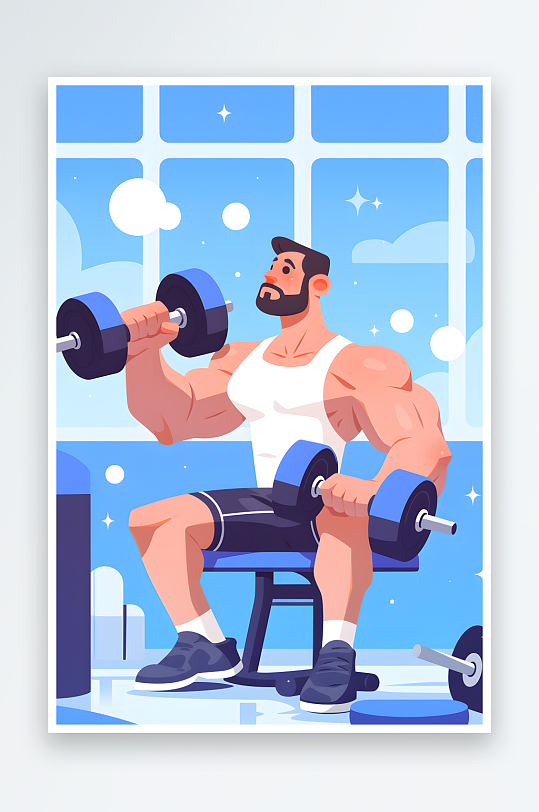 AI举重卡通健身房运动锻炼人物插画-众图网
