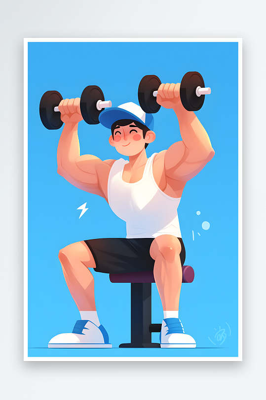 AI举重卡通健身房运动锻炼人物插画-众图网
