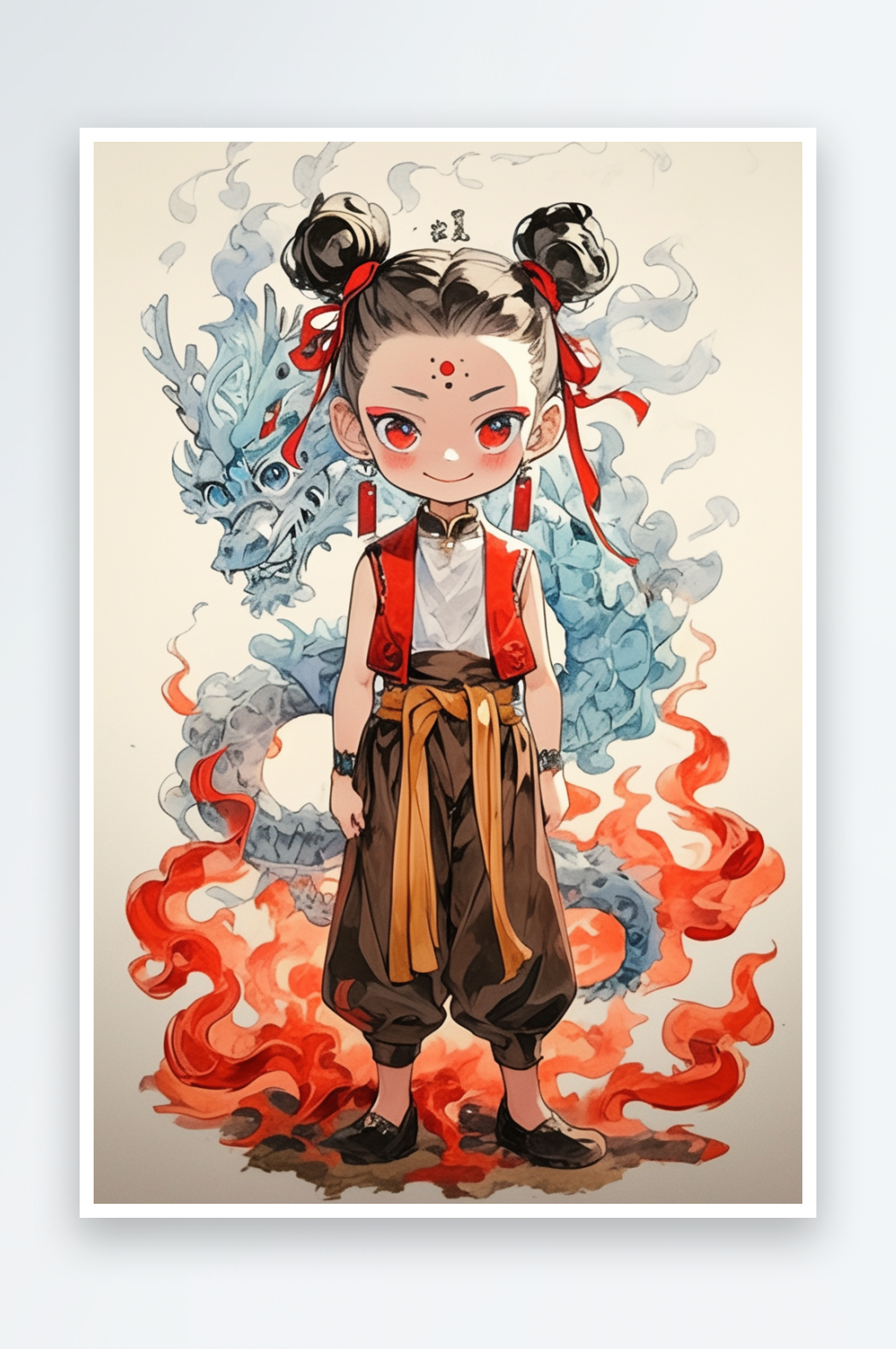 AI水彩中国风神话人物哪吒插画素材