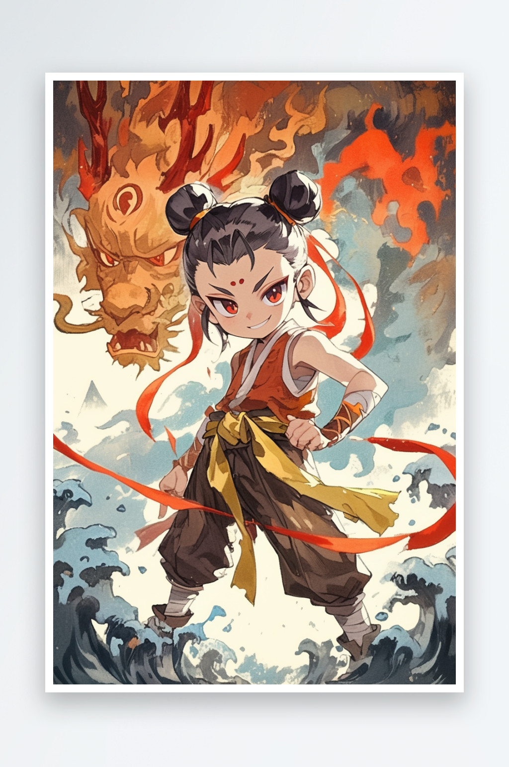 AI水彩中国风神话人物哪吒插画素材