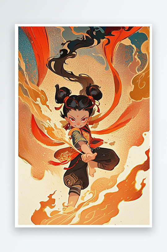 AI可爱中国风神话人物哪吒插画-众图网