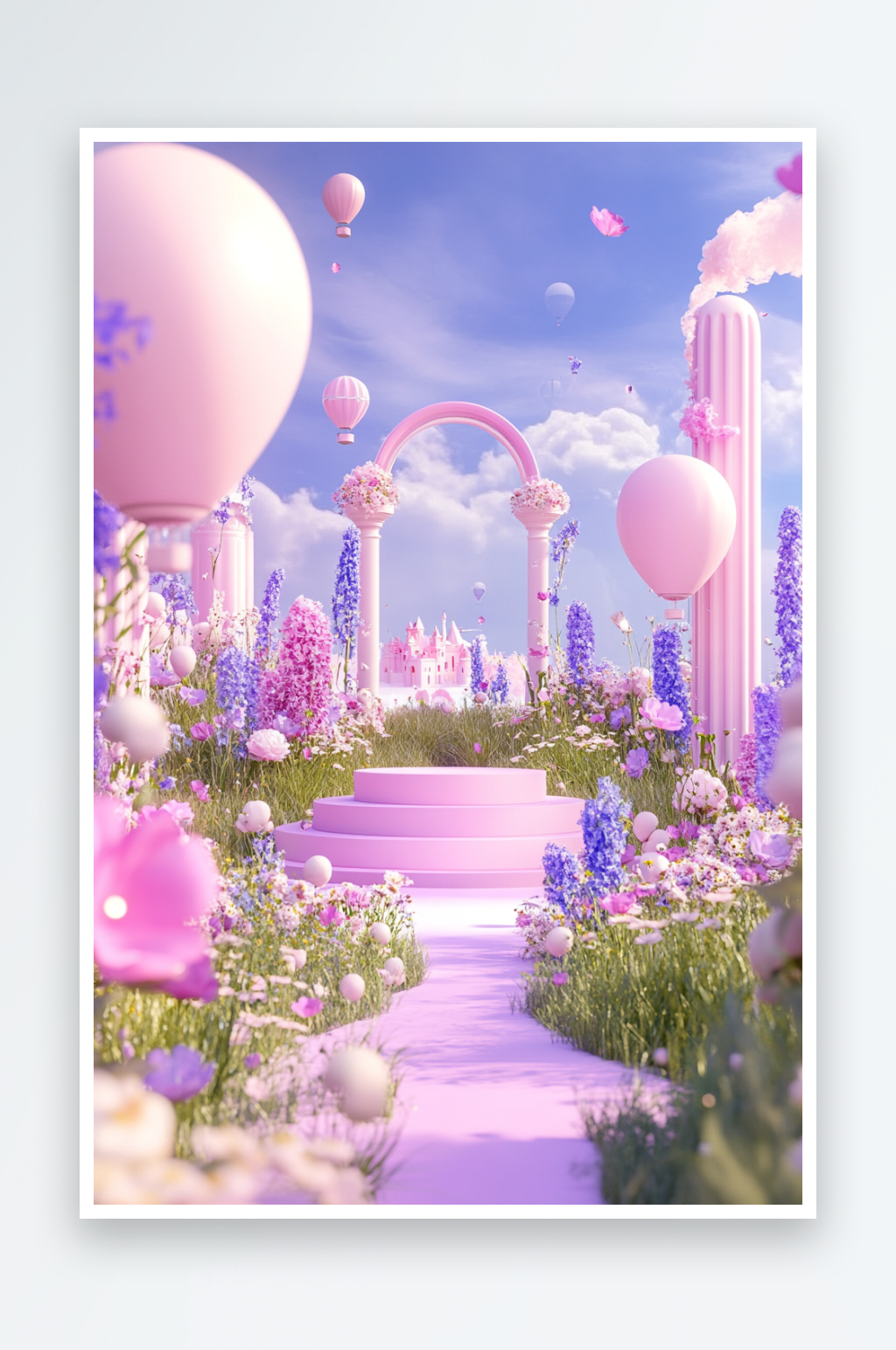 AI城堡妇女节美女鲜花电商展台场景背景图素材