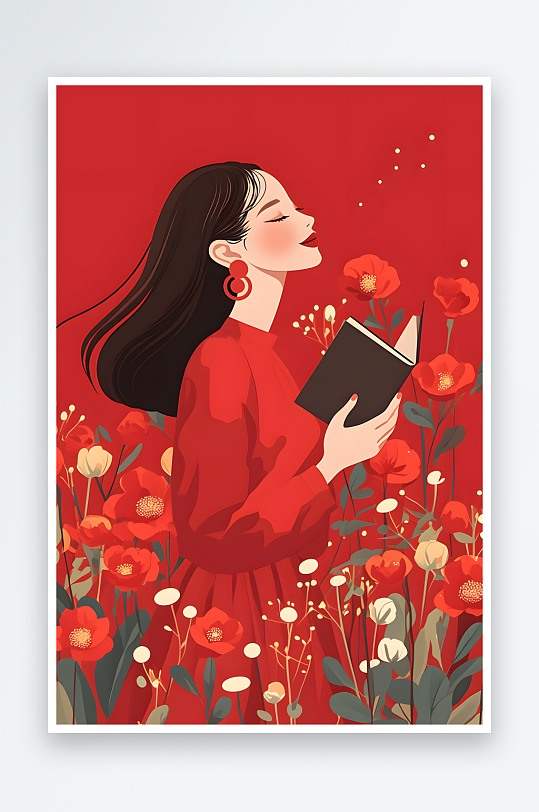 AI花丛看书妇女节女性女人美女读书日人物插画-众图网