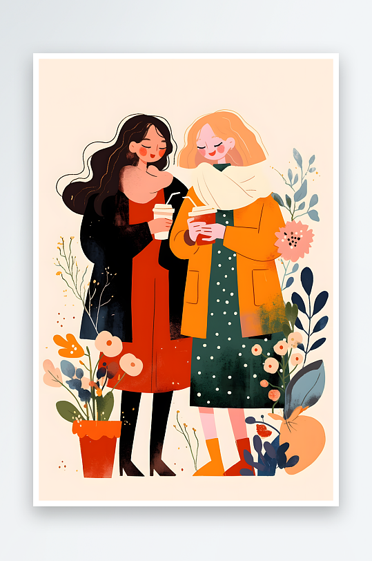 AI扁平化妇女节女性女人闺蜜人物插画-众图网