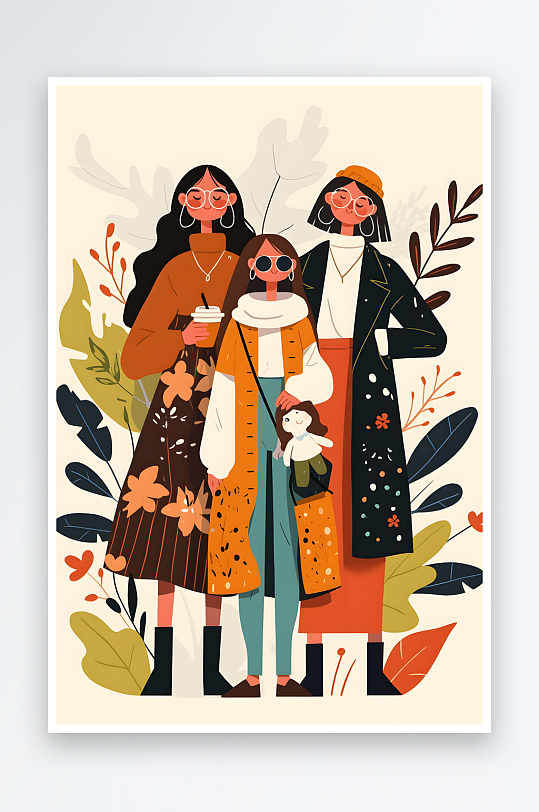 AI拥抱扁平化妇女节女性女人闺蜜人物插画-众图网