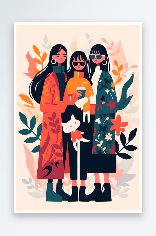 AI拥抱扁平化妇女节女性女人闺蜜人物插画-众图网