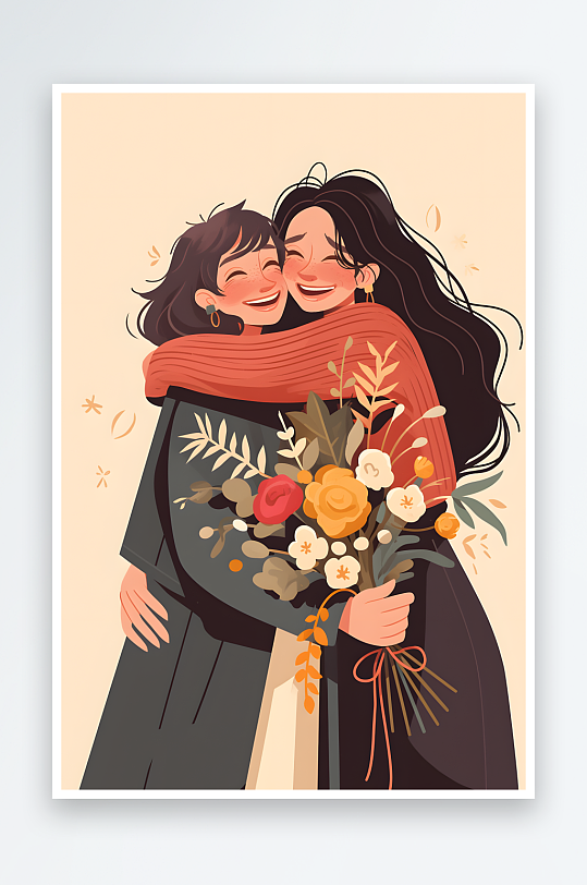 AI拥抱扁平化妇女节女性女人闺蜜人物插画-众图网