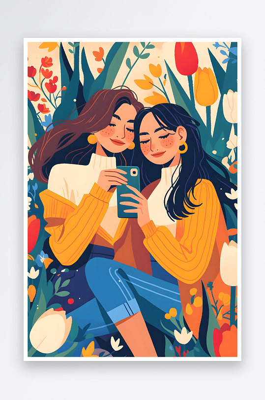 AI开心扁平化妇女节女性女人闺蜜人物插画-众图网