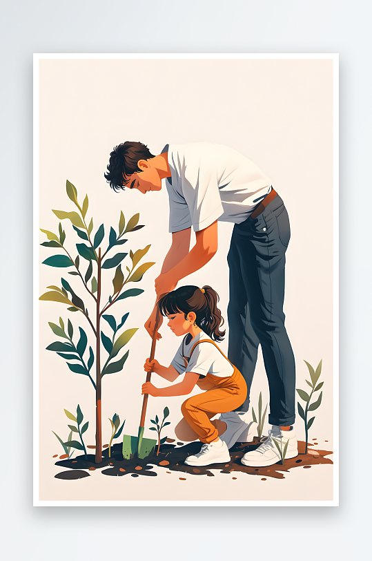 AI数字艺术植树节人物种植树苗插画-众图网