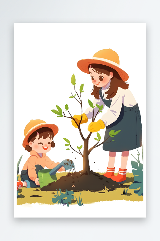 AI绿化植树节人物种植树苗插画-众图网