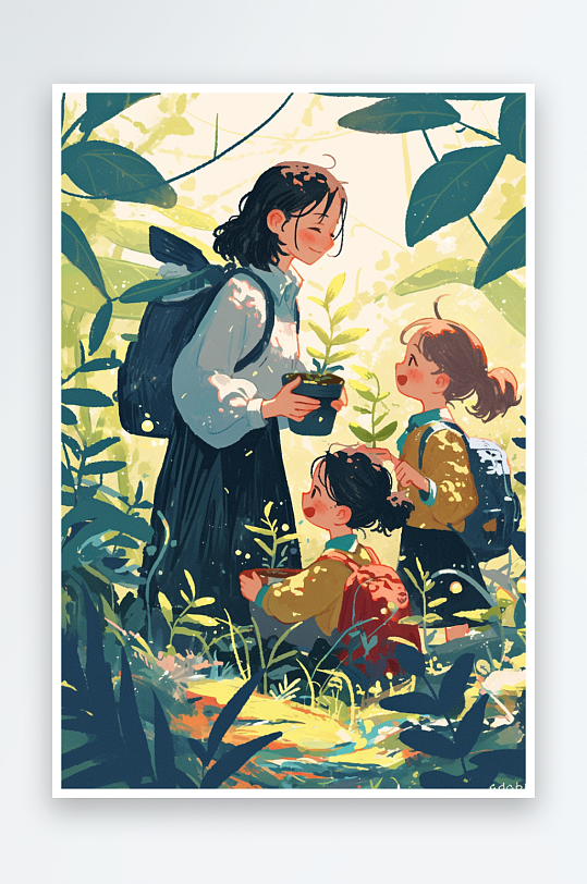 AI数字艺术植树节人物种植树苗插画-众图网