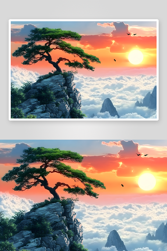 AI老鹰日出茂盛迎客松山崖风景摄影图