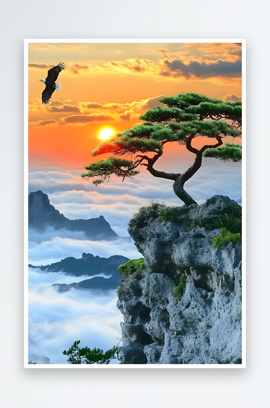 AI老鹰日出茂盛迎客松山崖风景摄影图