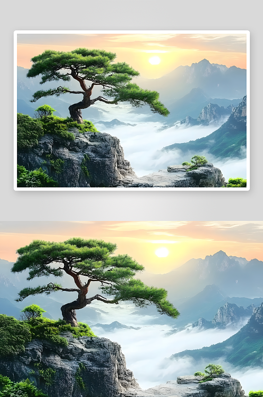 AI日出茂盛迎客松山崖风景摄影图-众图网