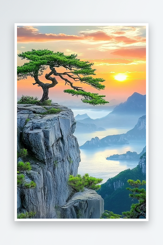 AI老鹰日出茂盛迎客松山崖风景摄影图