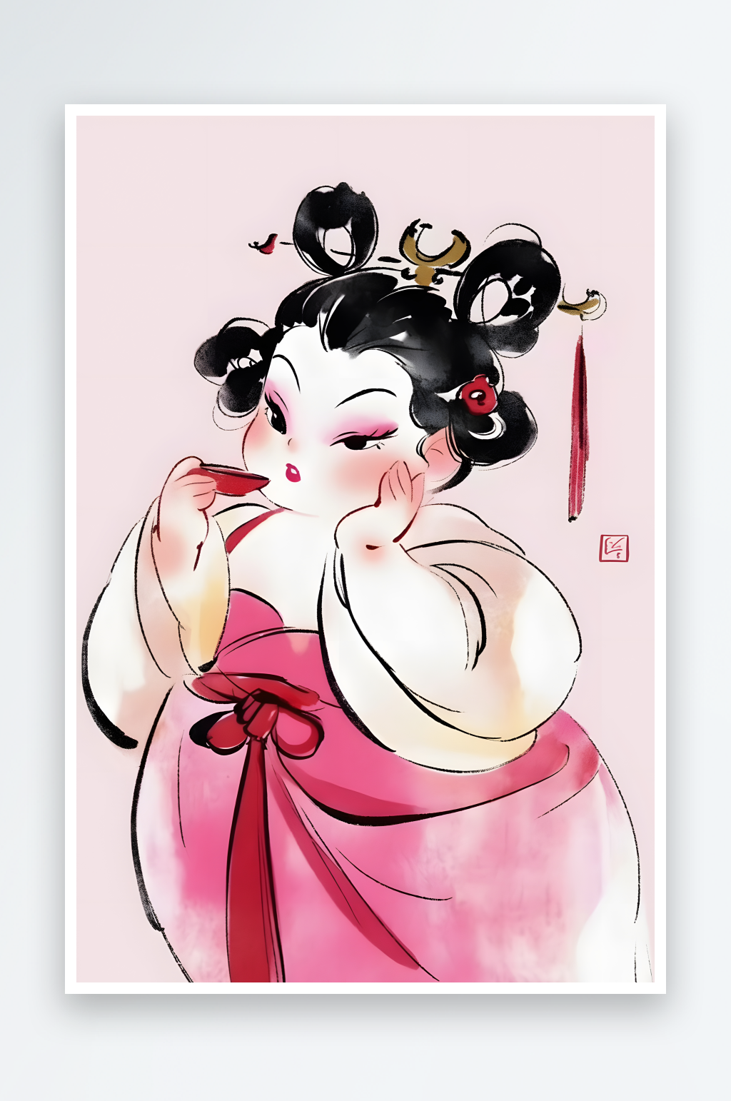 AI三八妇女节古代人喝茶插画胖女孩唐贵妃哪吒电影石矶娘娘插画素材