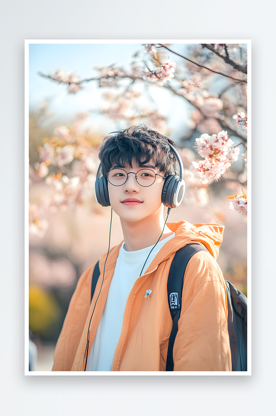 AI戴耳机听歌春季春游郊游休闲人物摄影图-众图网
