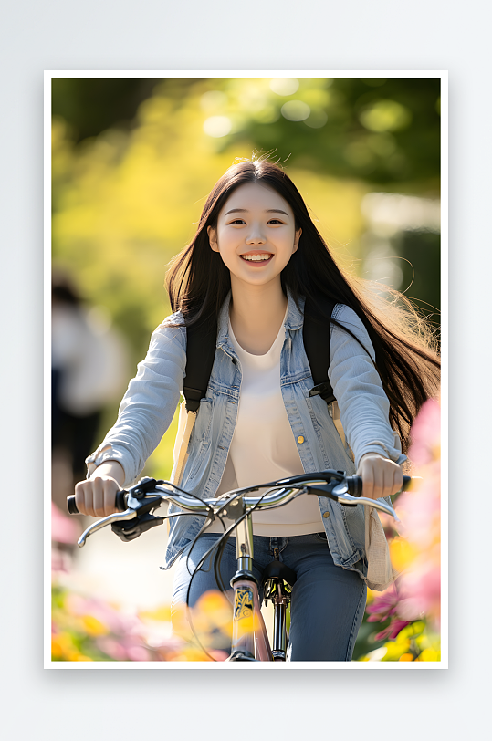 AI骑单车鲜花春季春游郊游休闲人物摄影图-众图网