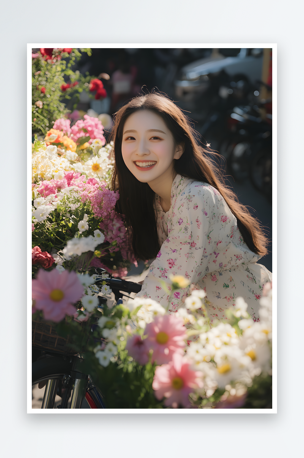 AI骑单车鲜花春季春游郊游休闲人物摄影图素材