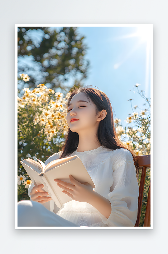 AI看书鲜花春季春游郊游休闲读书日人物摄影图-众图网