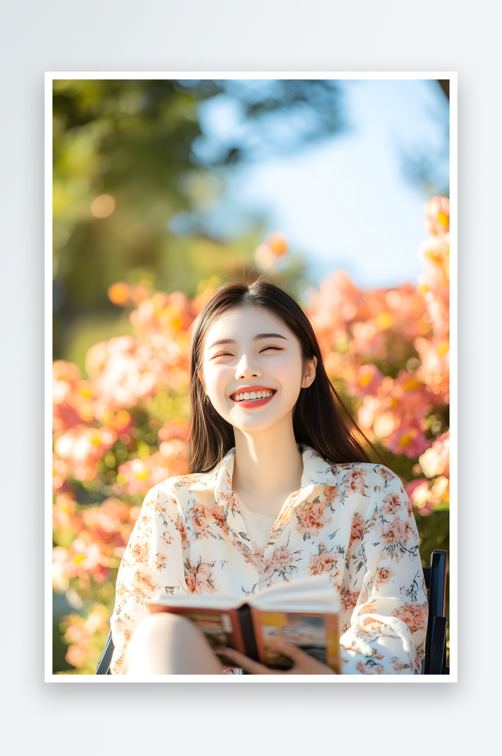 AI看书鲜花春季春游郊游休闲人物摄影图素材