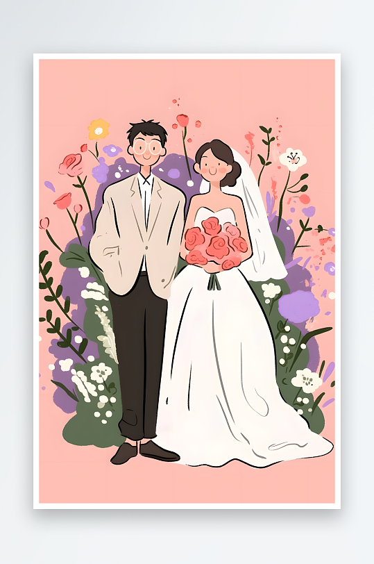 AI520情人节婚礼新人婚纱照迎宾插画
