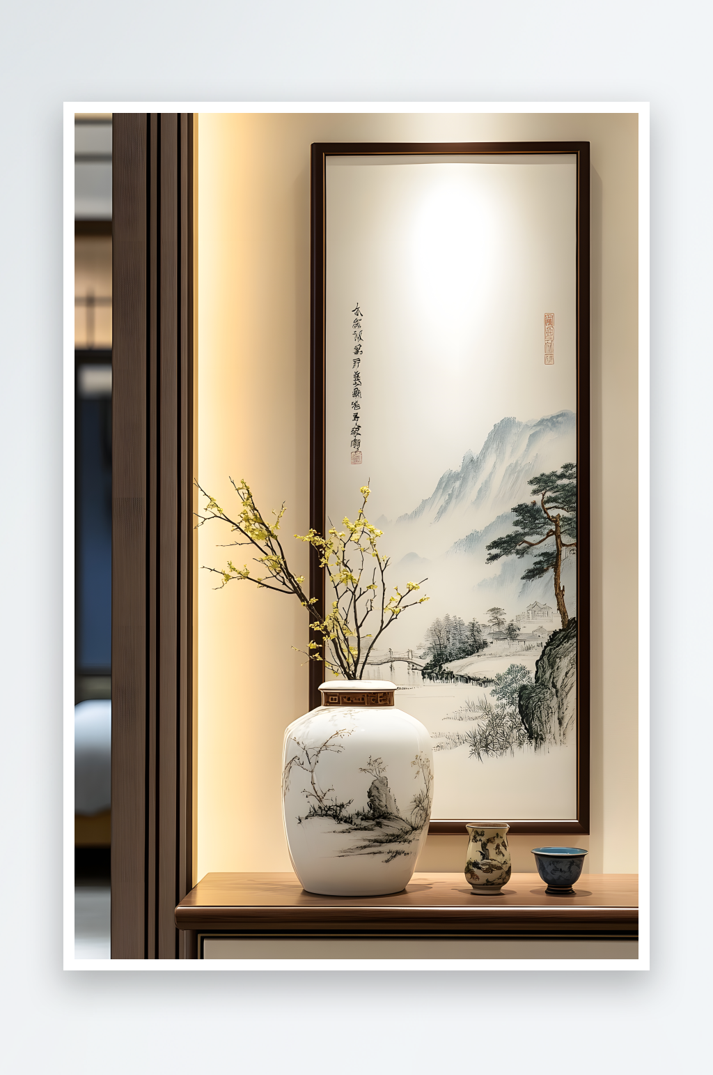AI木式玄关中国风新中式室内设计装饰画样素材