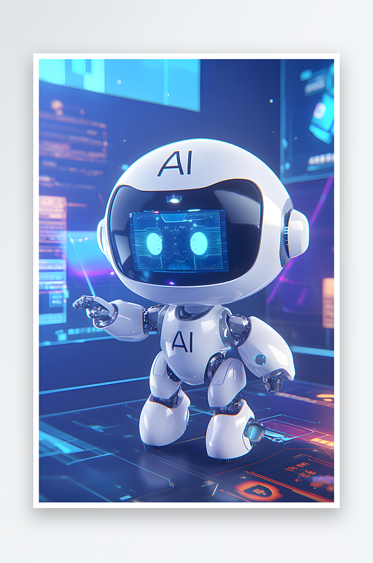 AI可爱蓝色AI科技未来感机器人插画模型-众图网
