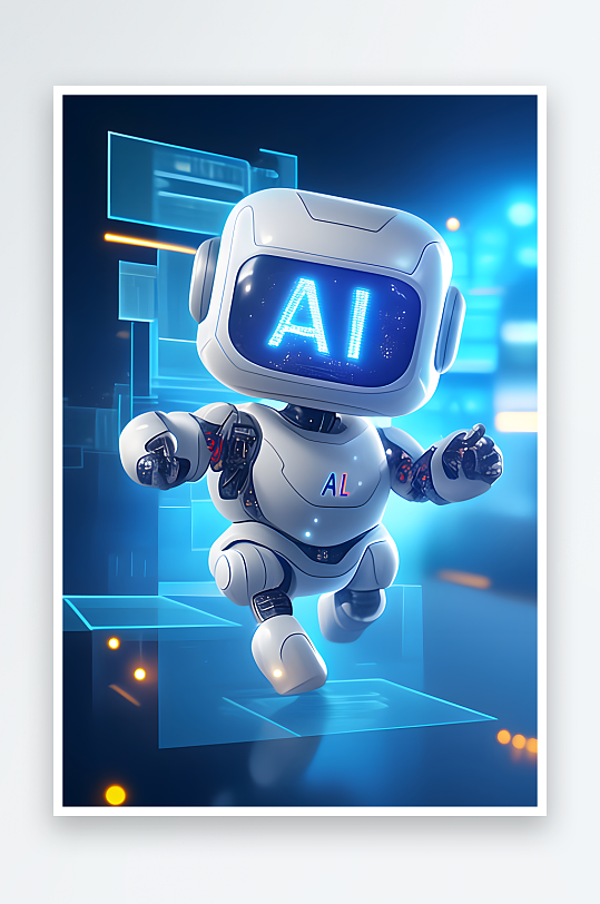 AI可爱蓝色AI科技未来感机器人插画模型-众图网