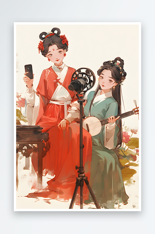 AI直播创意古代人打工人热梗热点插画-众图网