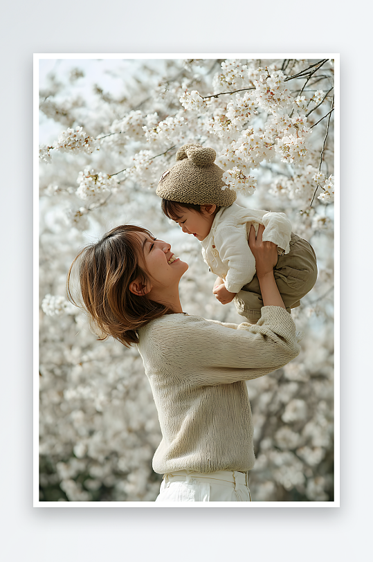 樱花大海母亲节母亲孩子亲子人物摄影图-众图网