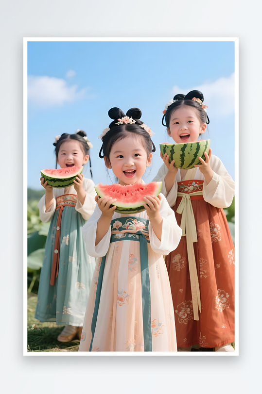 夏季西瓜油纸伞日常可爱秦汉汉服女孩摄影图-众图网