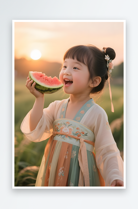 夏季西瓜日常可爱唐宋汉服女孩摄影图-众图网