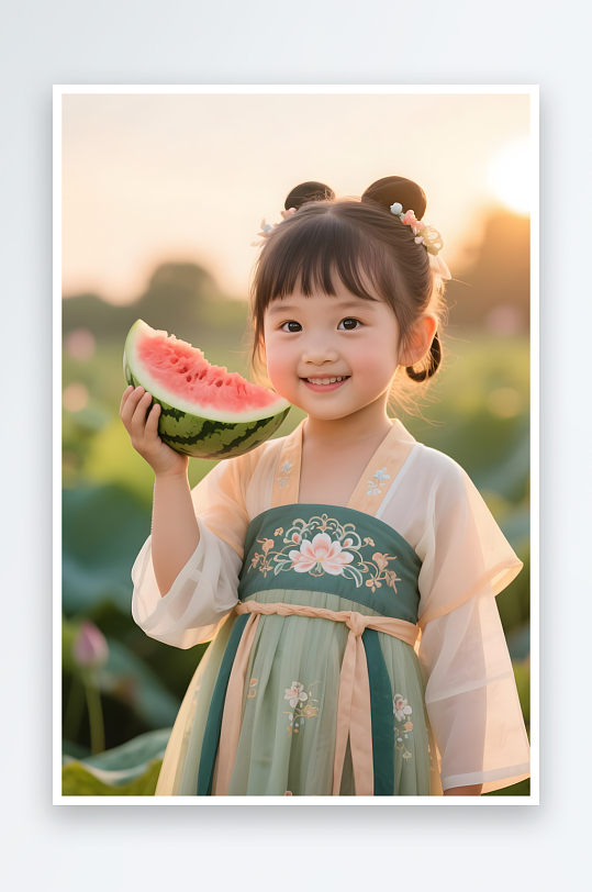 夏季西瓜日常可爱唐宋汉服女孩摄影图-众图网